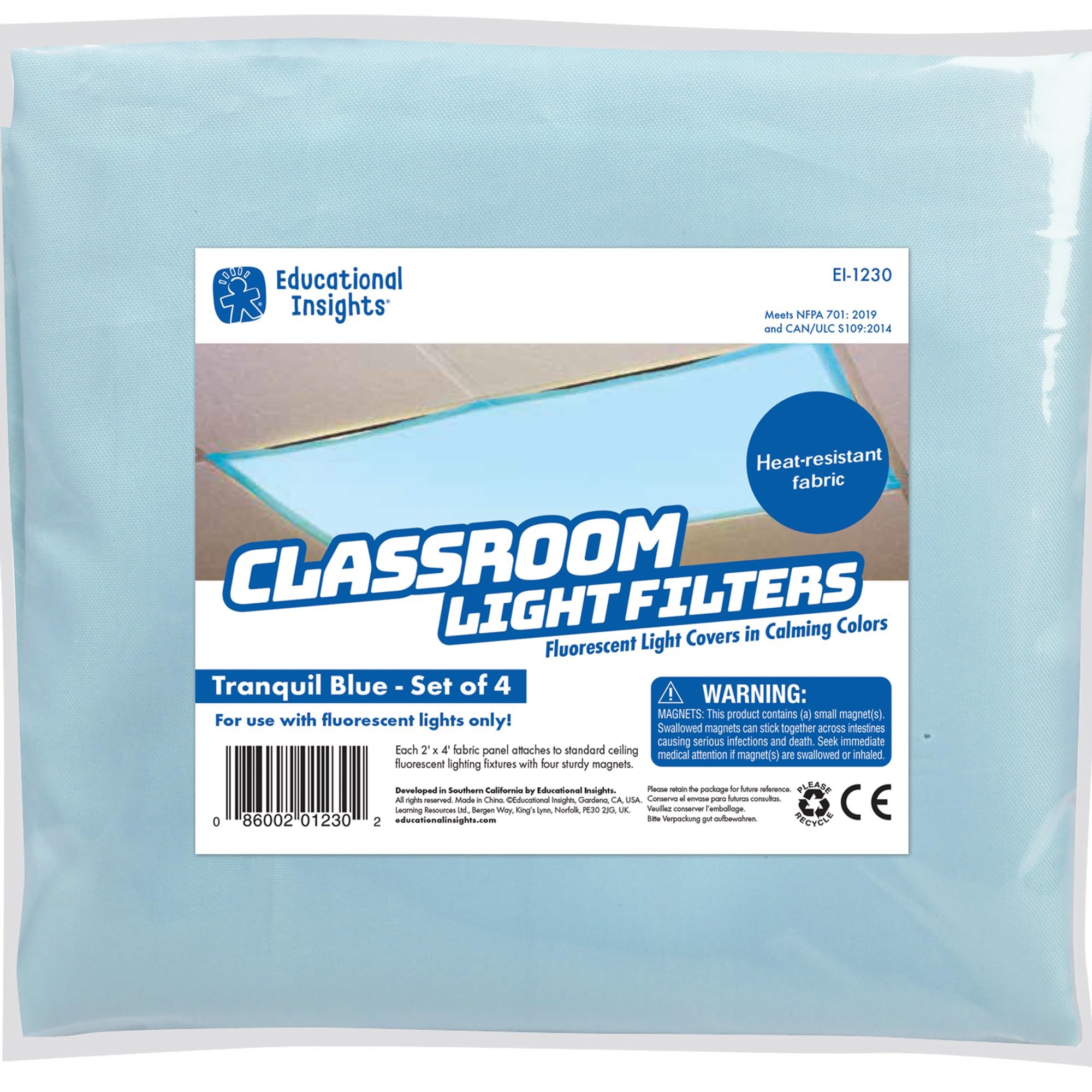 Educational Insights The Original Fluorescent Light Filters: Tranquil Blue 4-Pack, Fluorescent Light Covers, Easy Install For Classrooms, Office, Hospitals & Home, Teacher Classroom Essentials
